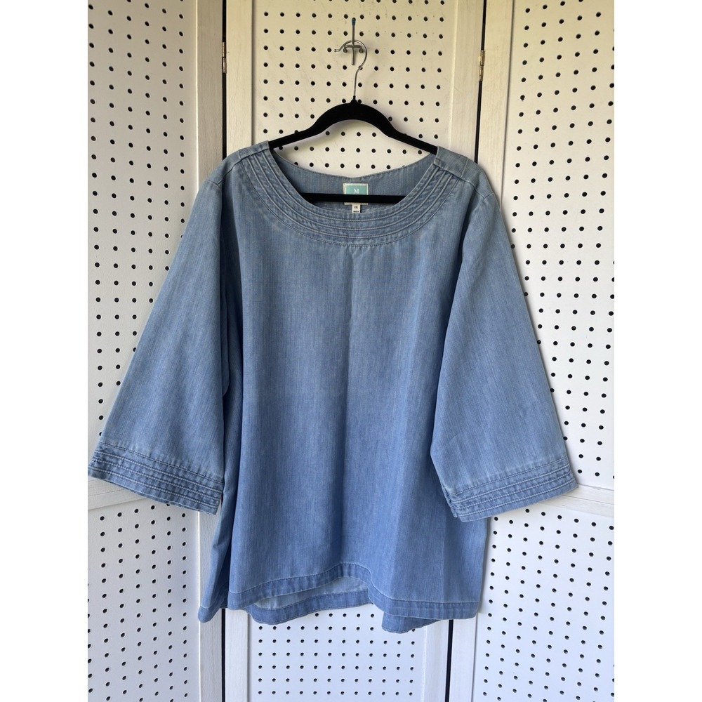 Martha Stewart XXL Cotton Poly Denim Top 3/4 SLV Blouse Shirt Chambray